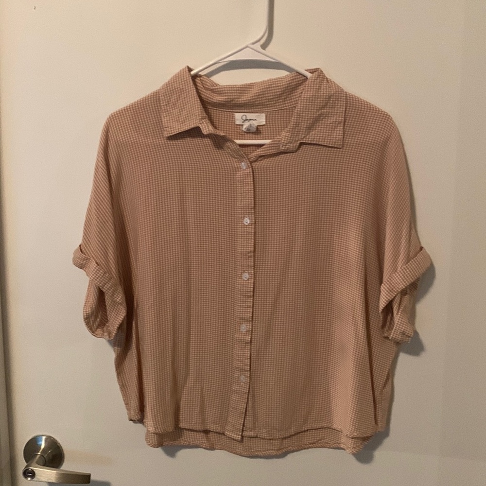 Gingham print, crop bowling shirt, size: L